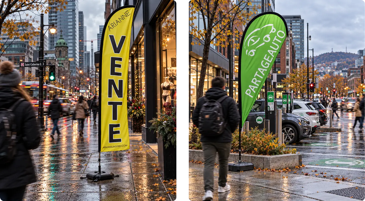 Frame 1000004610 Promotional flags for a retail sale and car-share service – Pinecrest Signs, Montreal